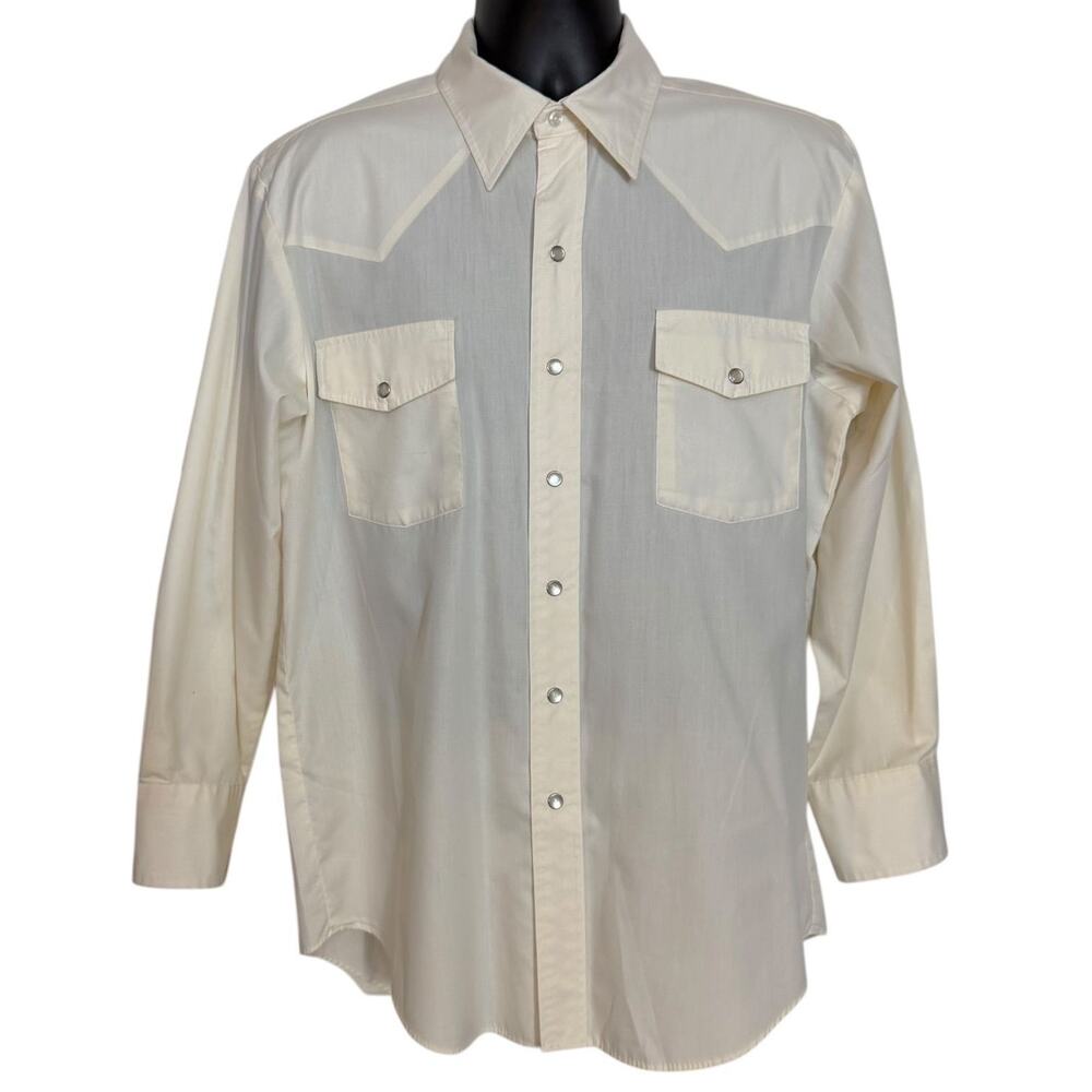 VINTAGE MALCO MODES PEARL SNAP WESTERN SHIRT IVORY CREAM MENS 16.5 33 L COWBOY